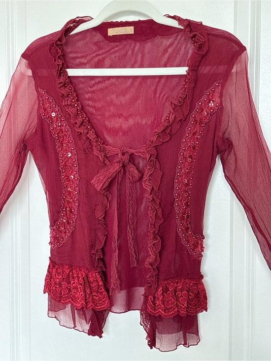 Tops - Vintage J2D 75% Silk Burgundy Beaded Ruffle Tie Front Blouse Fairycore Y2K S